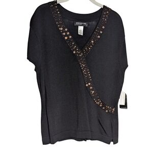 Jones New York Collection Black Beaded Knit Top Short Sleeve